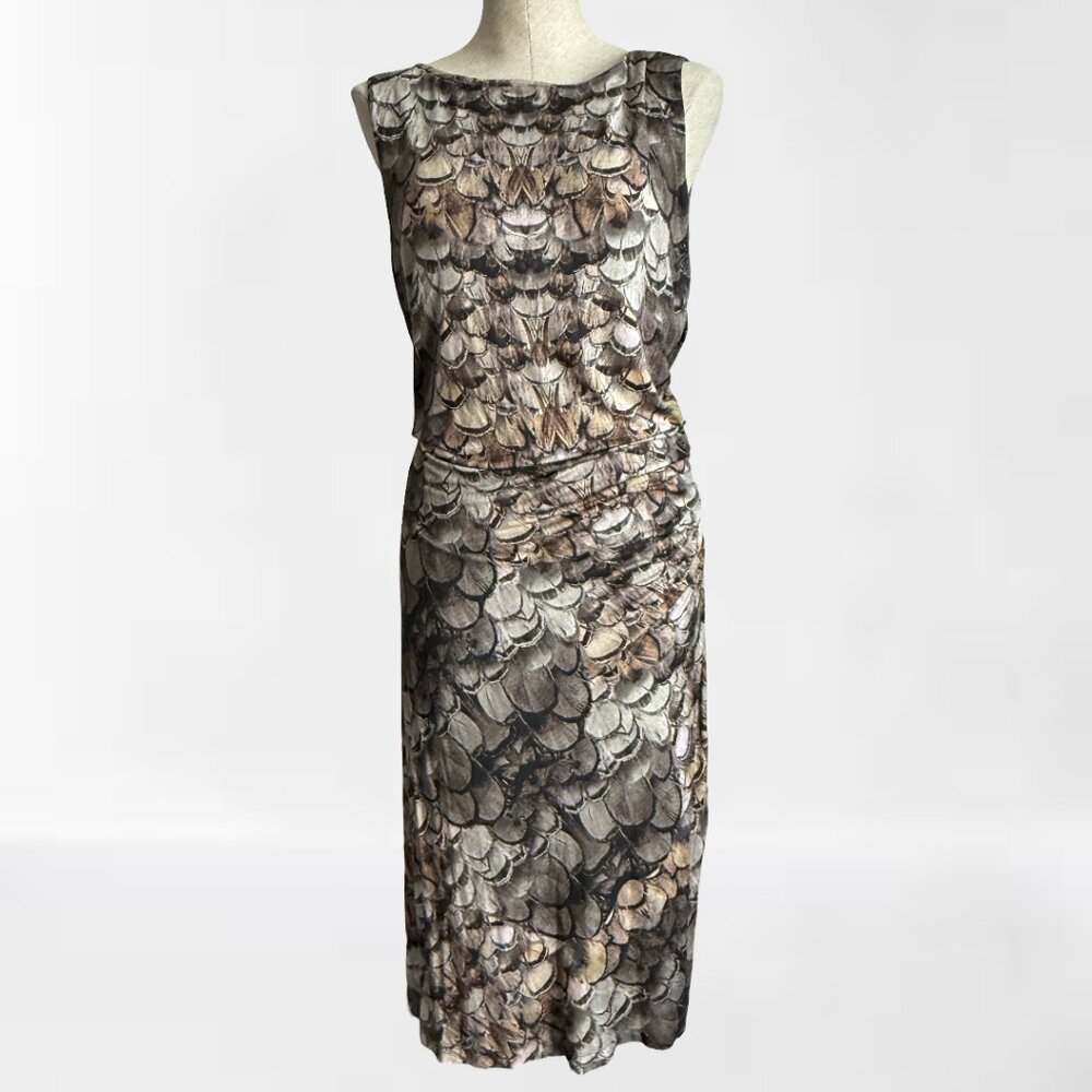 Three Dots Feather Print Shirred Midi Dress